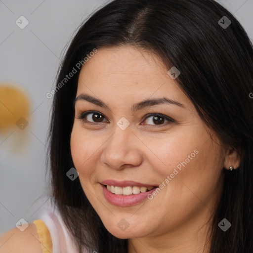 Joyful white young-adult female with long  brown hair and brown eyes