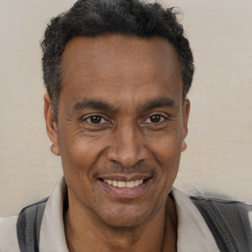 Joyful latino adult male with short  brown hair and brown eyes