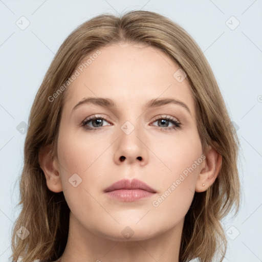 Neutral white young-adult female with medium  brown hair and grey eyes