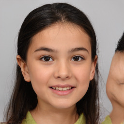 Joyful white child female with medium  brown hair and brown eyes