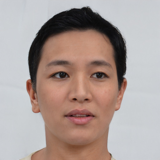 Neutral asian young-adult female with short  brown hair and brown eyes
