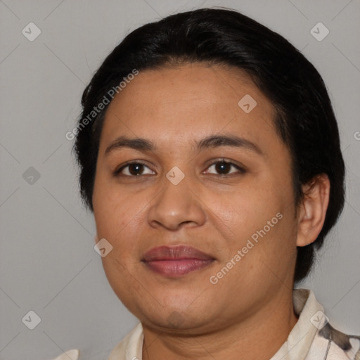 Joyful latino adult female with short  black hair and brown eyes