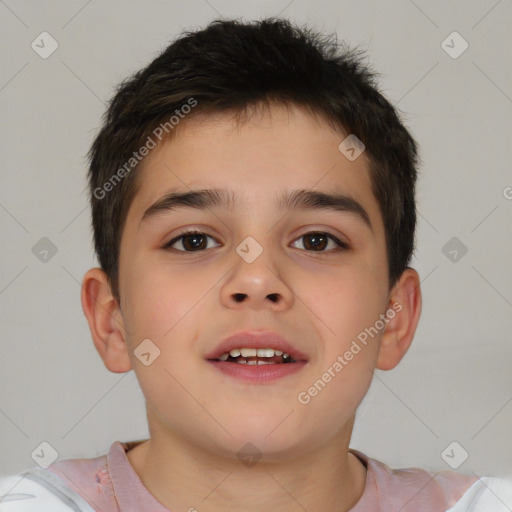 Joyful white child male with short  brown hair and brown eyes