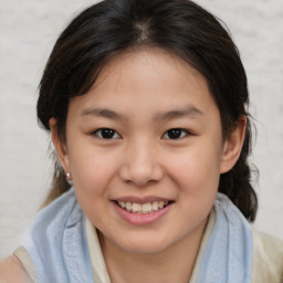 Joyful white child female with medium  brown hair and brown eyes