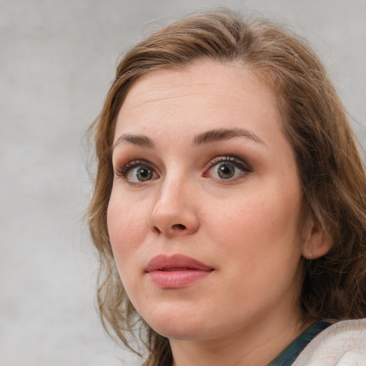 Neutral white young-adult female with medium  brown hair and grey eyes