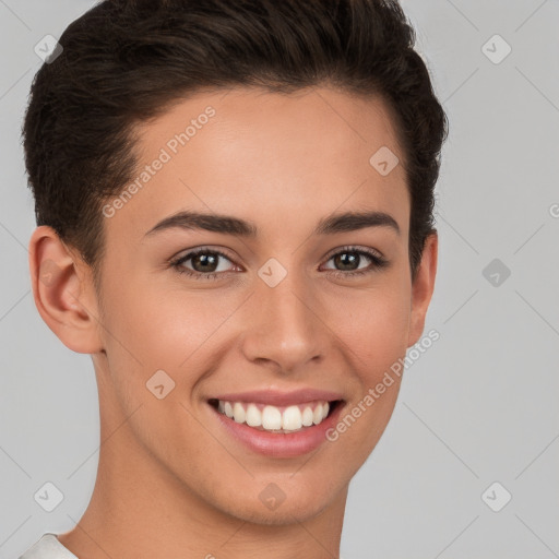 Joyful white young-adult female with short  brown hair and brown eyes