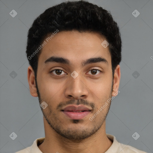 Neutral latino young-adult male with short  black hair and brown eyes