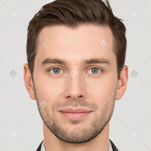 Neutral white young-adult male with short  brown hair and brown eyes