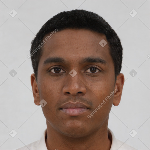 Neutral black young-adult male with short  black hair and brown eyes