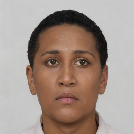 Neutral latino young-adult female with short  brown hair and brown eyes