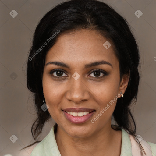 Joyful black young-adult female with medium  black hair and brown eyes