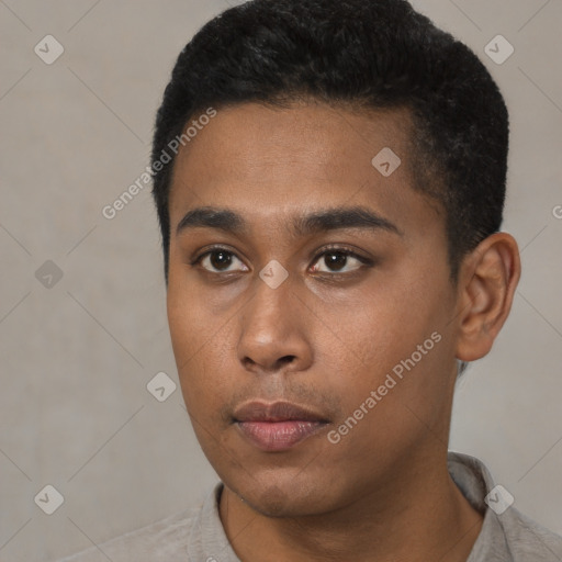 Neutral black young-adult male with short  black hair and brown eyes