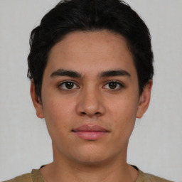 Neutral latino young-adult male with short  brown hair and brown eyes