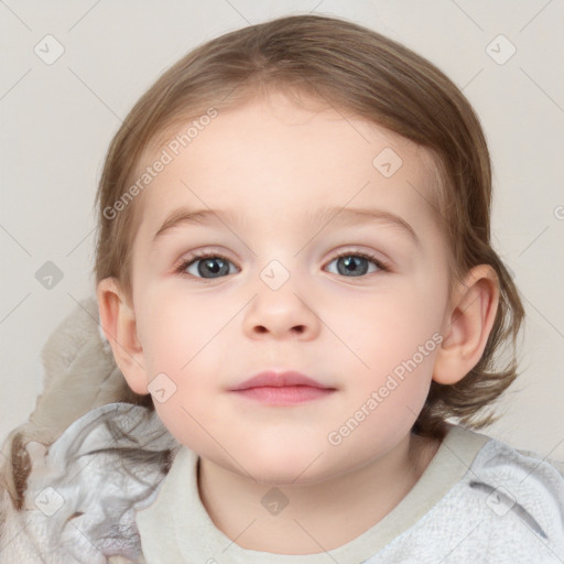 Neutral white child female with medium  brown hair and blue eyes