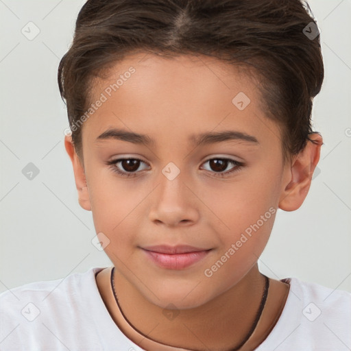 Joyful white child female with short  brown hair and brown eyes