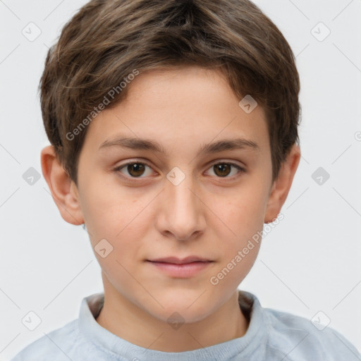 Joyful white child female with short  brown hair and brown eyes