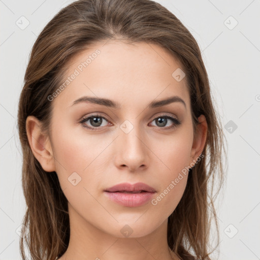 Neutral white young-adult female with long  brown hair and grey eyes