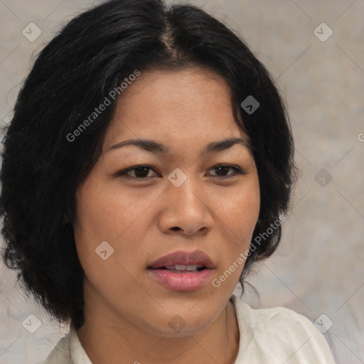 Joyful asian young-adult female with medium  black hair and brown eyes