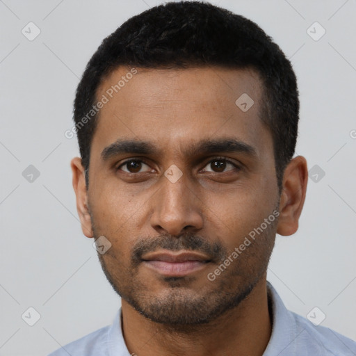 Neutral black young-adult male with short  black hair and brown eyes