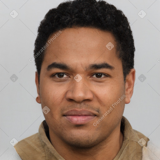 Neutral latino young-adult male with short  black hair and brown eyes