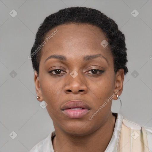 Neutral black young-adult female with short  black hair and brown eyes