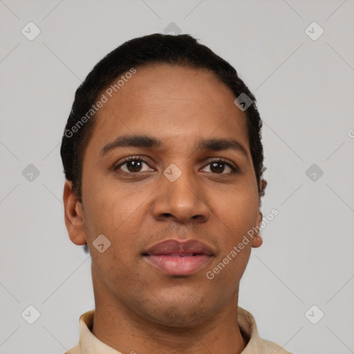 Neutral latino young-adult male with short  black hair and brown eyes