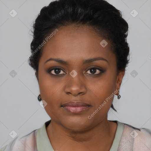 Neutral black young-adult female with short  brown hair and brown eyes