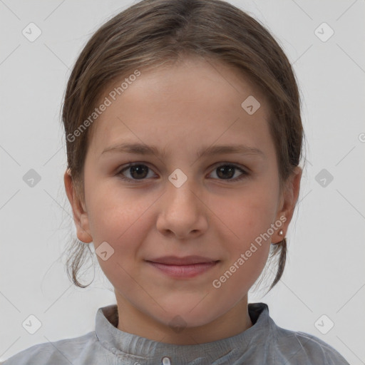 Joyful white child female with medium  brown hair and brown eyes