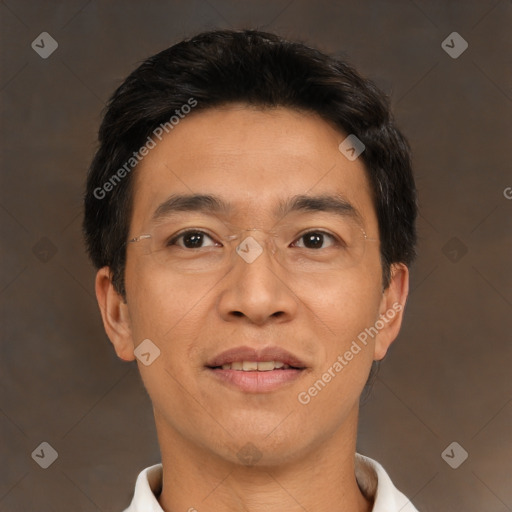 Neutral asian adult male with short  black hair and brown eyes