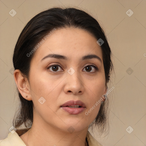 Neutral white young-adult female with medium  brown hair and brown eyes