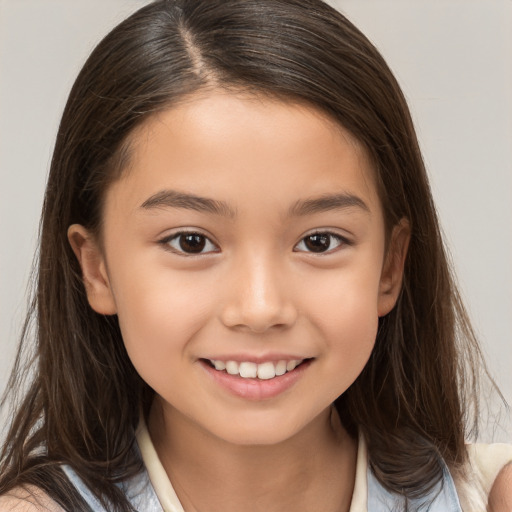 Joyful white child female with medium  brown hair and brown eyes