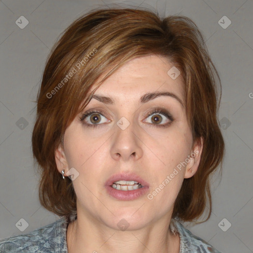 Joyful white young-adult female with medium  brown hair and blue eyes