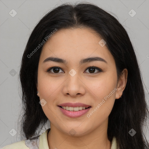 Joyful asian young-adult female with long  brown hair and brown eyes