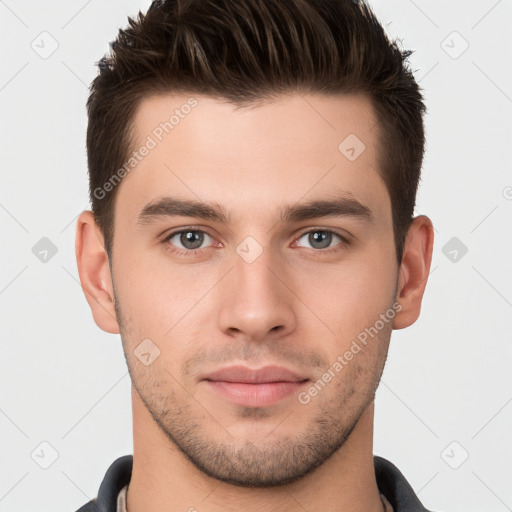 Neutral white young-adult male with short  brown hair and brown eyes