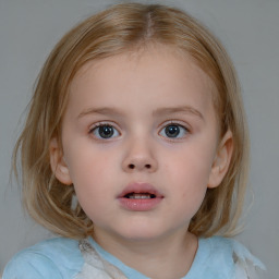 Neutral white child female with medium  brown hair and blue eyes