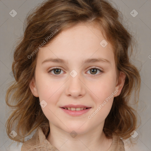 Joyful white child female with medium  brown hair and brown eyes