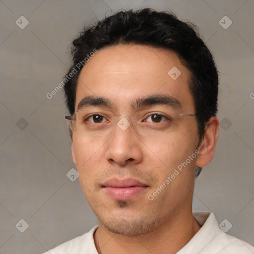 Neutral white young-adult male with short  black hair and brown eyes