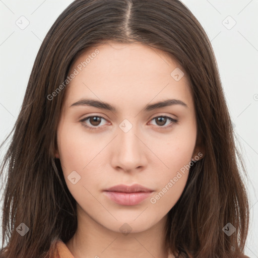 Neutral white young-adult female with long  brown hair and brown eyes