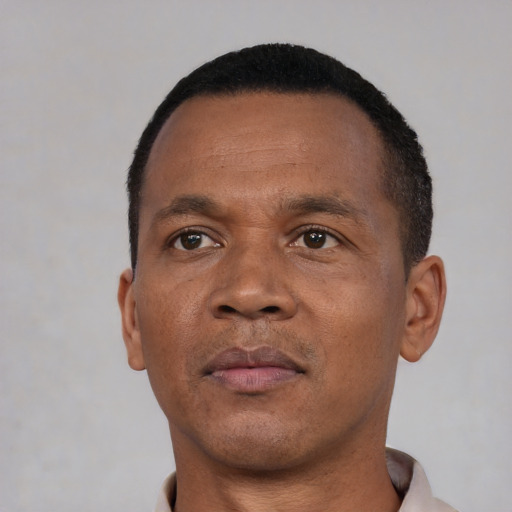 Neutral black adult male with short  black hair and brown eyes