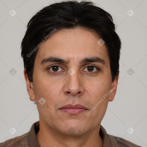 Neutral white adult male with short  brown hair and brown eyes