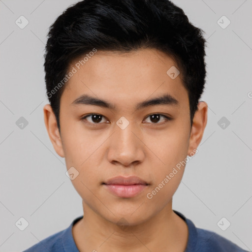 Neutral latino young-adult male with short  black hair and brown eyes