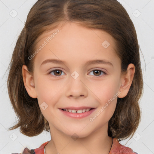 Joyful white child female with medium  brown hair and brown eyes