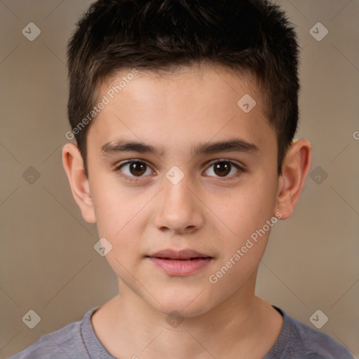 Joyful white child male with short  brown hair and brown eyes