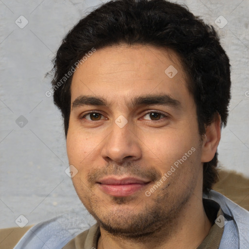 Joyful white young-adult male with short  black hair and brown eyes