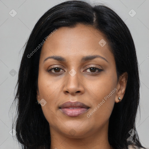 Joyful asian young-adult female with long  black hair and brown eyes