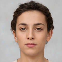 Neutral white young-adult female with short  brown hair and brown eyes