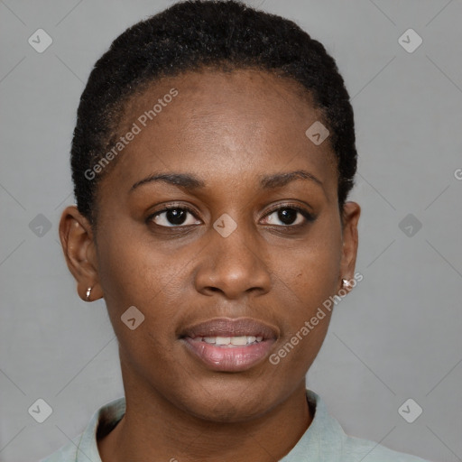 Neutral black young-adult female with short  black hair and brown eyes