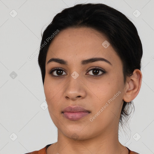 Neutral latino young-adult female with short  black hair and brown eyes