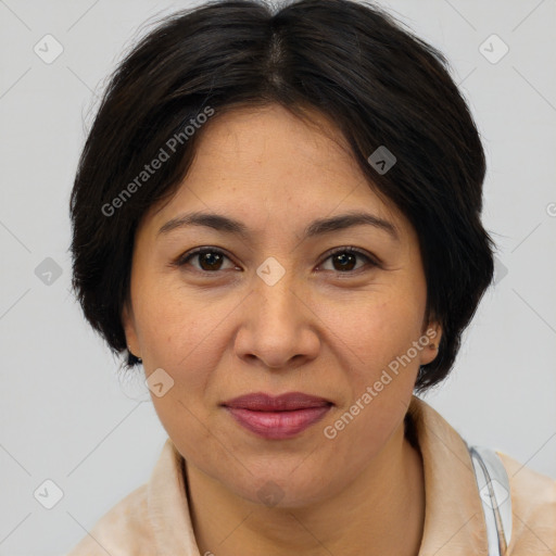 Joyful asian adult female with medium  brown hair and brown eyes