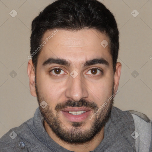 Joyful white young-adult male with short  black hair and brown eyes